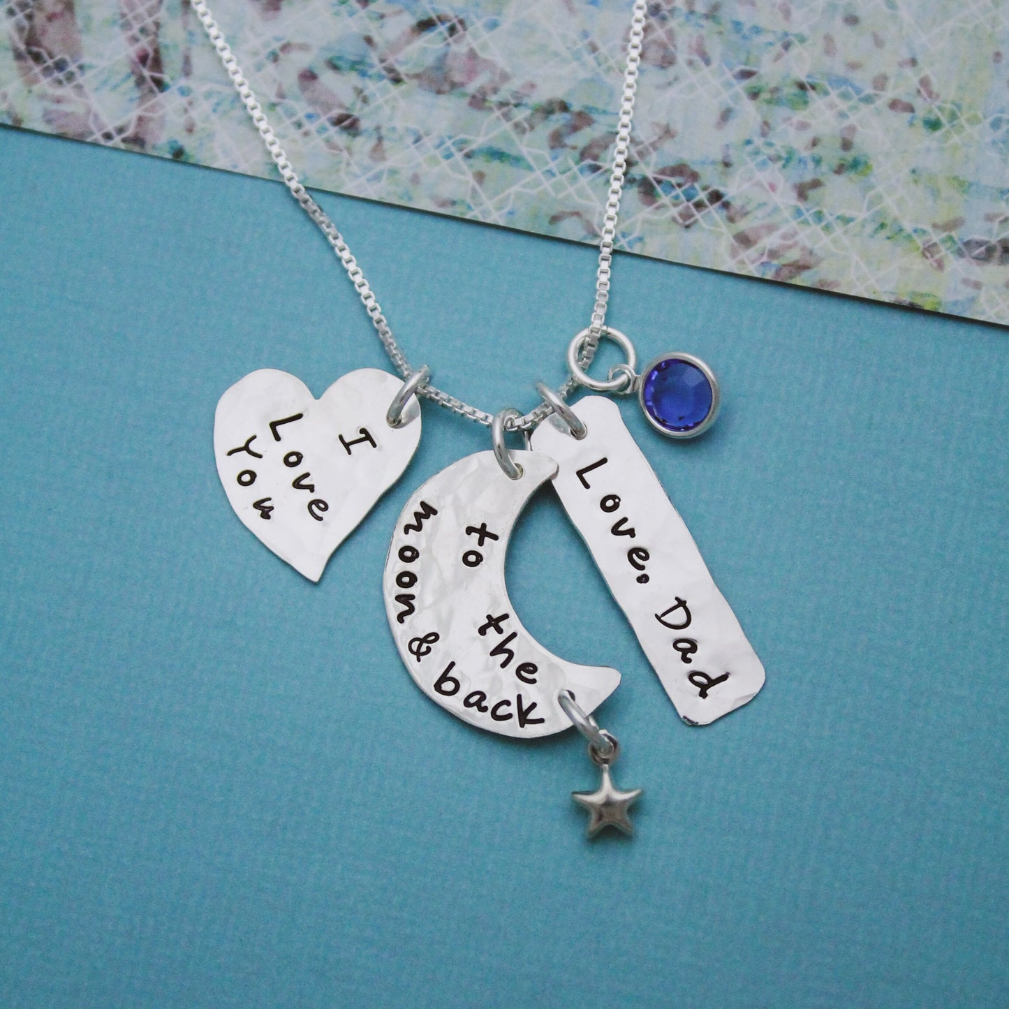 I Love You to the Moon and Back Personalized Necklace in Sterling Silver with Name and Birthstone Hand Stamped Jewelry