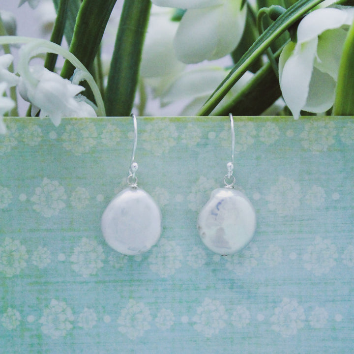 Flat Classic Pearl Drop Earrings, Freshwater Pearl Earrings, White Pearl Earrings, Silver & Pearl Earrings, Bridesmaid Earrings, Minimalist