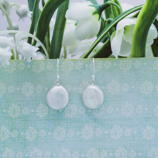 Flat Classic Pearl Drop Earrings, Freshwater Pearl Earrings, White Pearl Earrings, Silver & Pearl Earrings, Bridesmaid Earrings, Minimalist