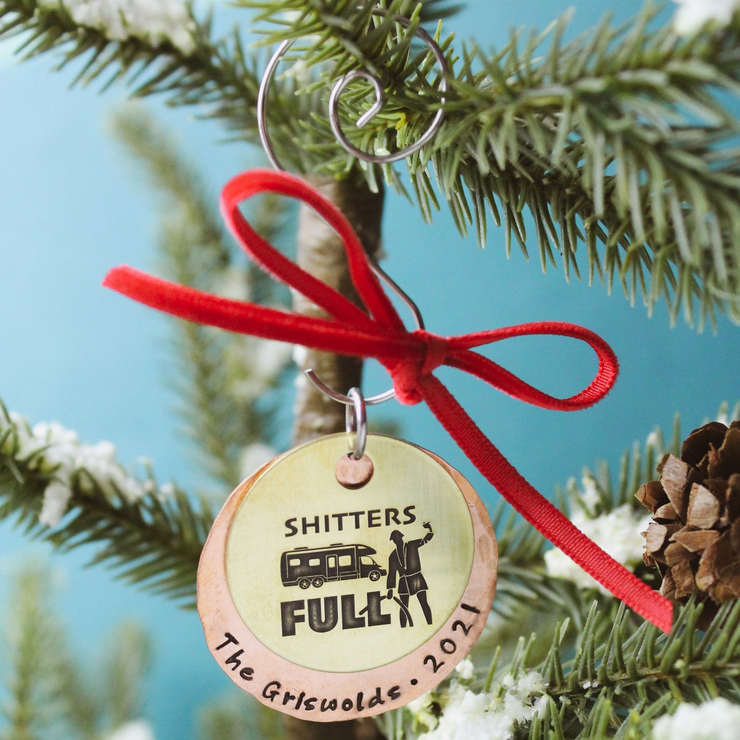 Shitters FULL Ornament, Christmas Vacation Movie Ornament, Cousin Eddie RV Ornament in Brass & Copper, Unique Christmas Tree Ornament Gift