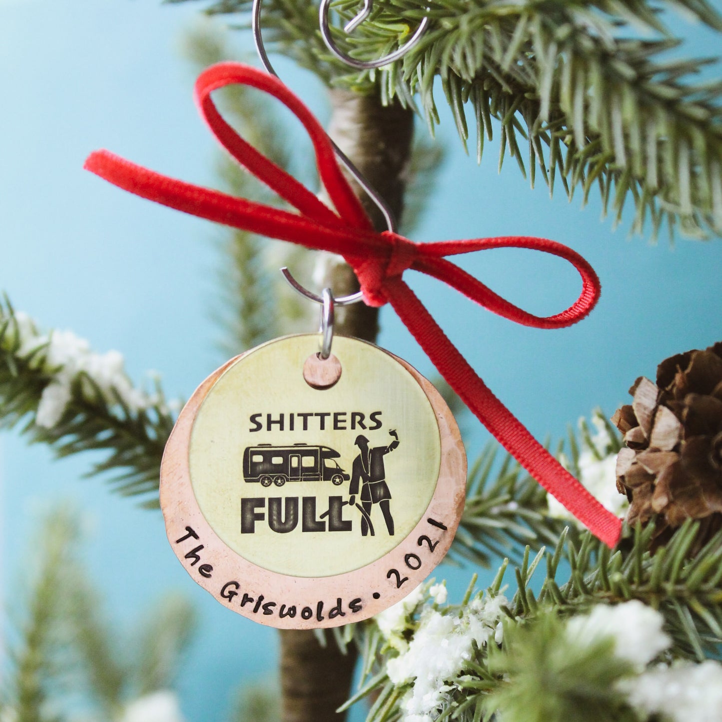 Shitters FULL Ornament, Christmas Vacation Movie Ornament, Cousin Eddie RV Ornament in Brass & Copper, Unique Christmas Tree Ornament Gift