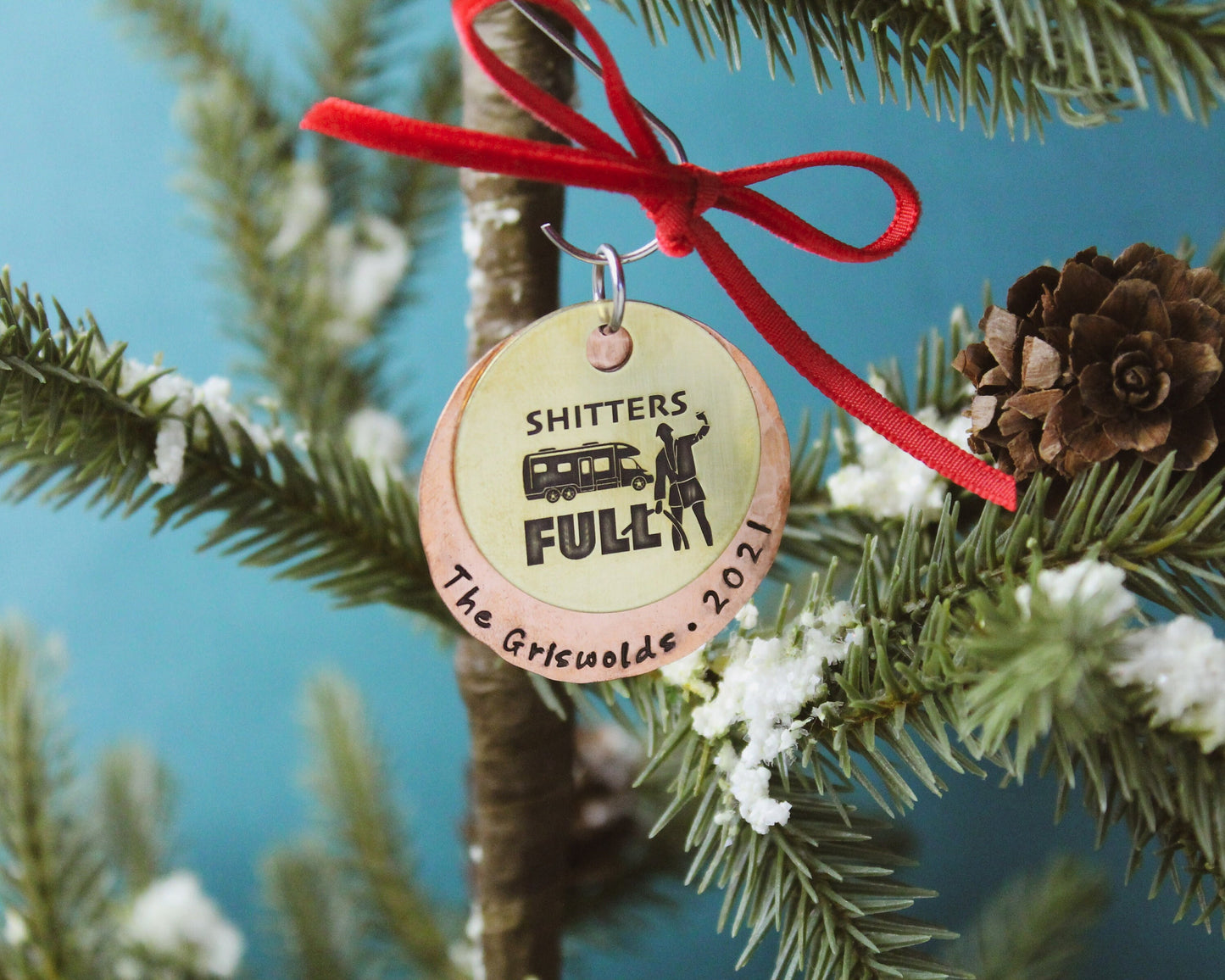 Shitters FULL Ornament, Christmas Vacation Movie Ornament, Cousin Eddie RV Ornament in Brass & Copper, Unique Christmas Tree Ornament Gift