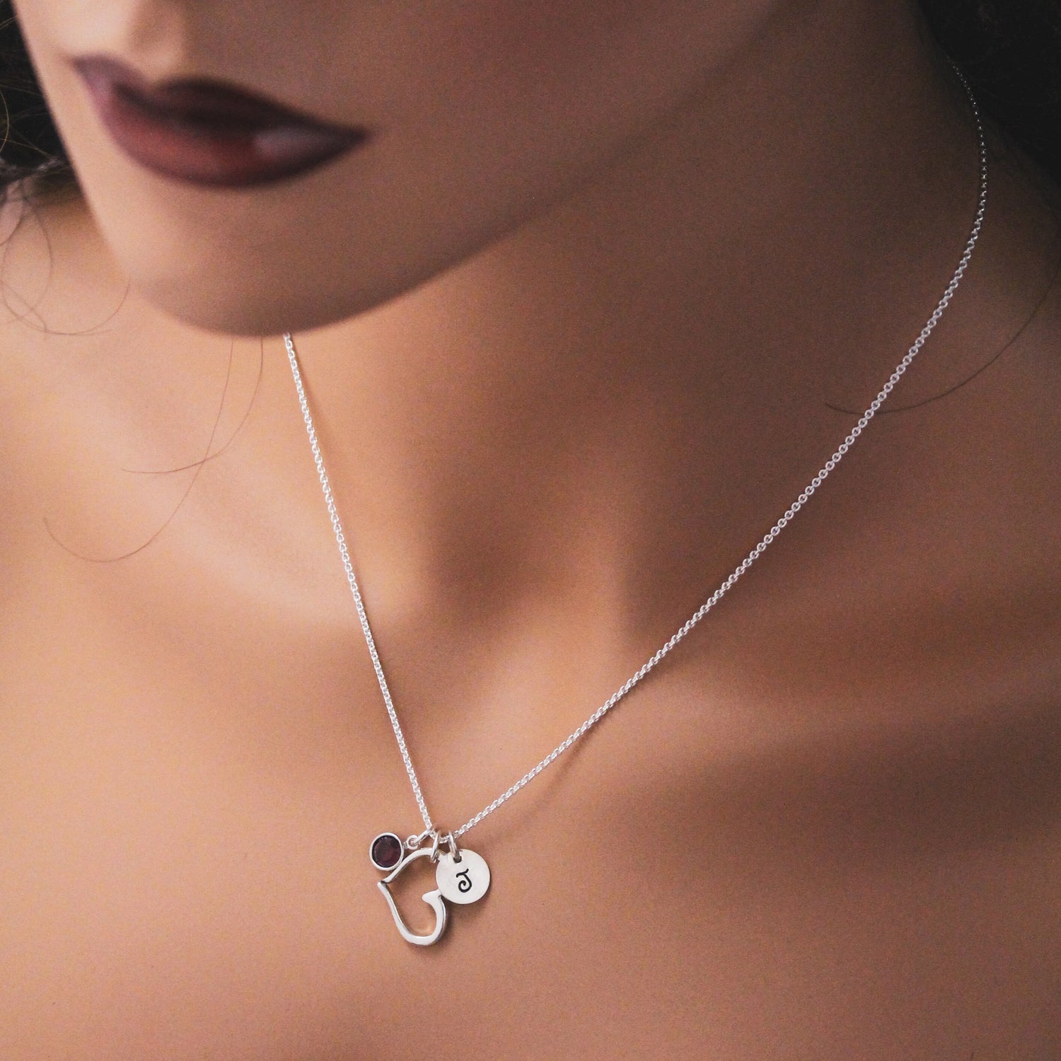 Open Heart Charm Necklace, Initial & Birthstone Heart Necklace, Hand Stamped Valentine's Day Necklace, Bridesmaid Wedding Necklaces Gift