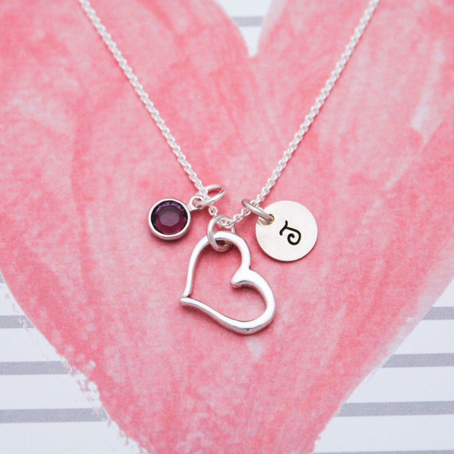 Open Heart Charm Necklace, Initial & Birthstone Heart Necklace, Hand Stamped Valentine's Day Necklace, Bridesmaid Wedding Necklaces Gift