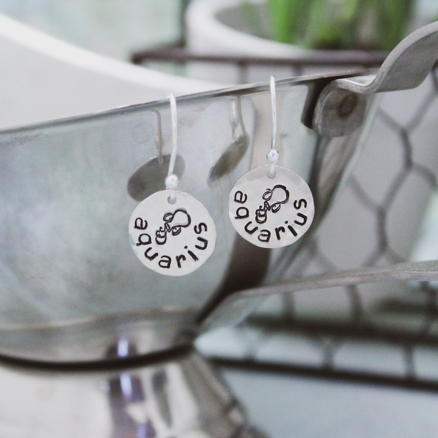 Aquarius Sterling Silver Earrings, Zodiac Sign Jewelry, Hand Stamped Personalized Earrings, Aquarius Zodiac Jewelry Unique Gift for Her