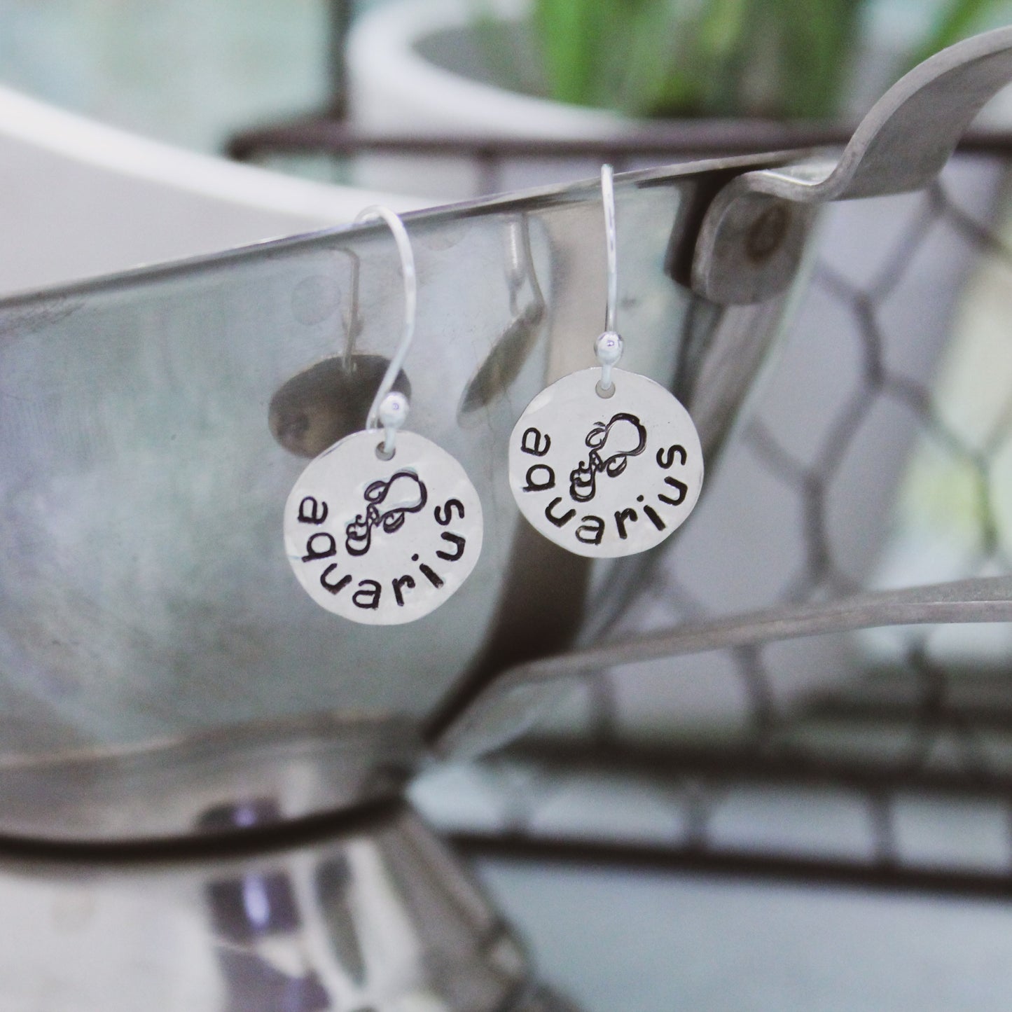 Aquarius Sterling Silver Earrings, Zodiac Sign Jewelry, Hand Stamped Personalized Earrings, Aquarius Zodiac Jewelry Unique Gift for Her