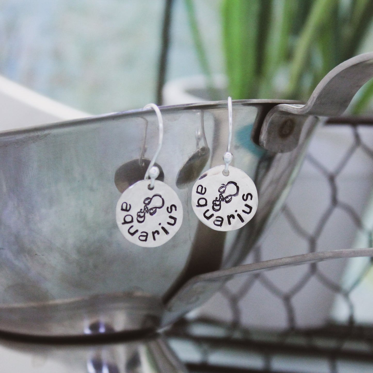 Aquarius Sterling Silver Earrings, Zodiac Sign Jewelry, Hand Stamped Personalized Earrings, Aquarius Zodiac Jewelry Unique Gift for Her