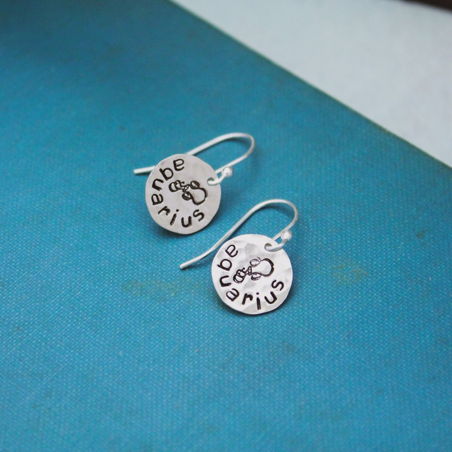 Aquarius Sterling Silver Earrings, Zodiac Sign Jewelry, Hand Stamped Personalized Earrings, Aquarius Zodiac Jewelry Unique Gift for Her