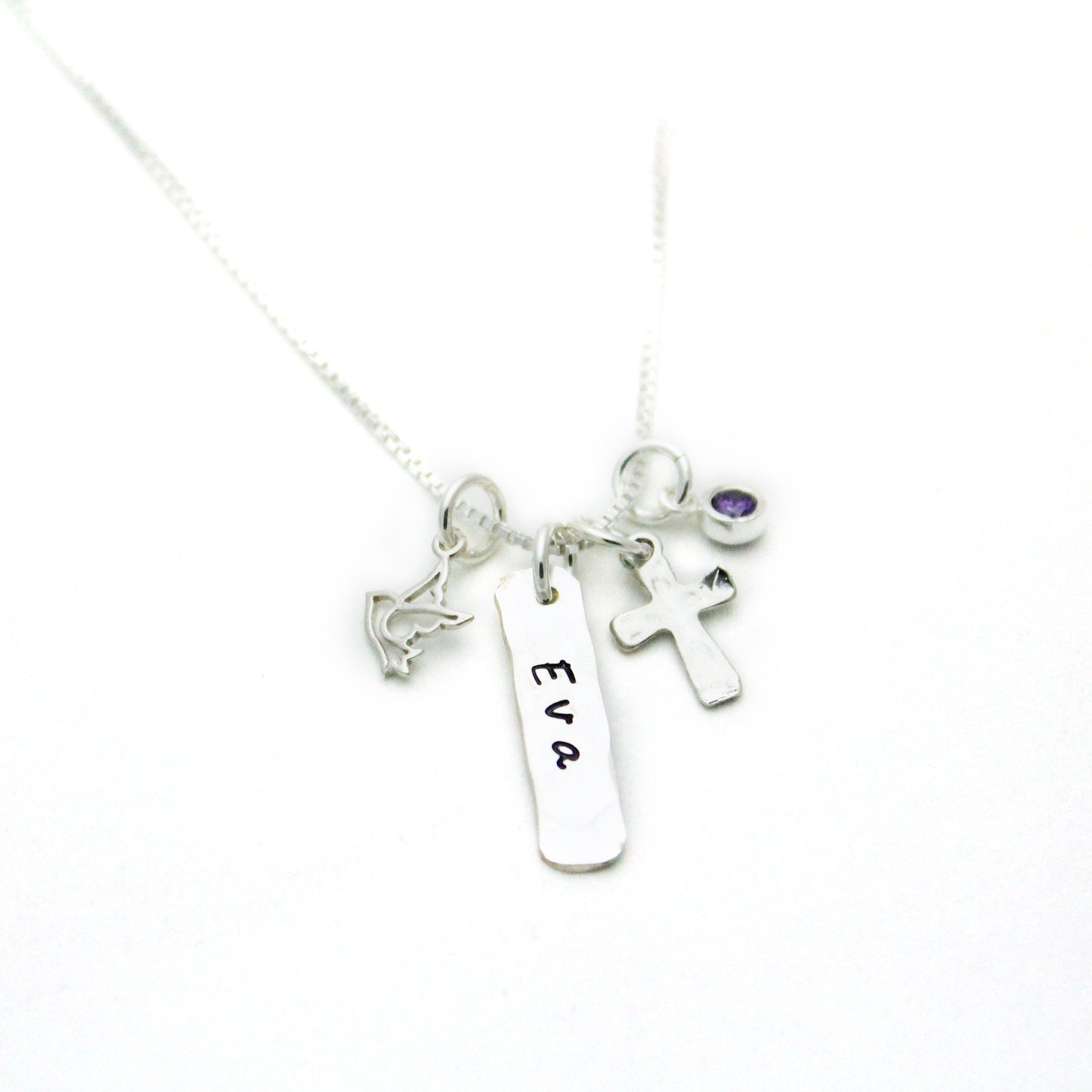 Dove and Cross Tag Necklace with Birthstone or Pearl for Confirmation Personalized Sterling Silver Hand Stamped Jewelry