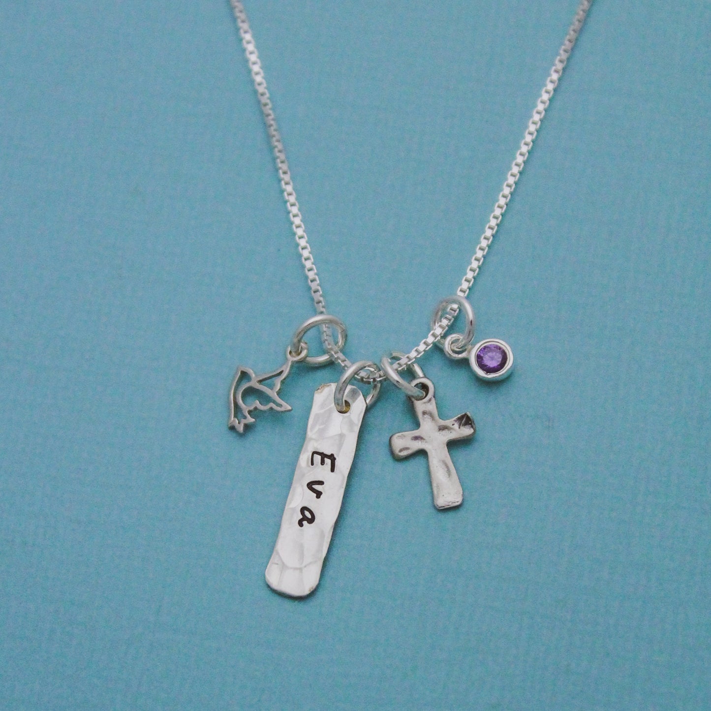 Dove and Cross Tag Necklace with Birthstone or Pearl for Confirmation Personalized Sterling Silver Hand Stamped Jewelry