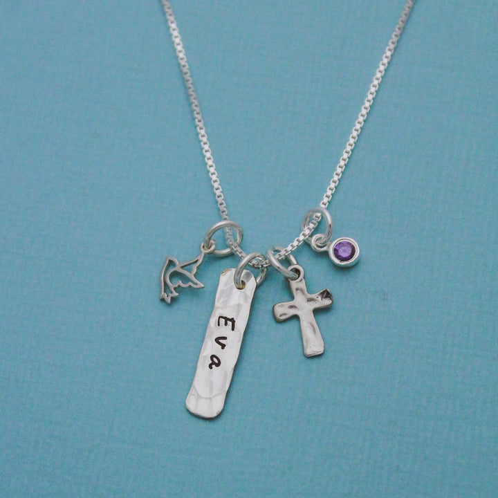 Dove and Cross Tag Necklace with Birthstone or Pearl for Confirmation Personalized Sterling Silver Hand Stamped Jewelry