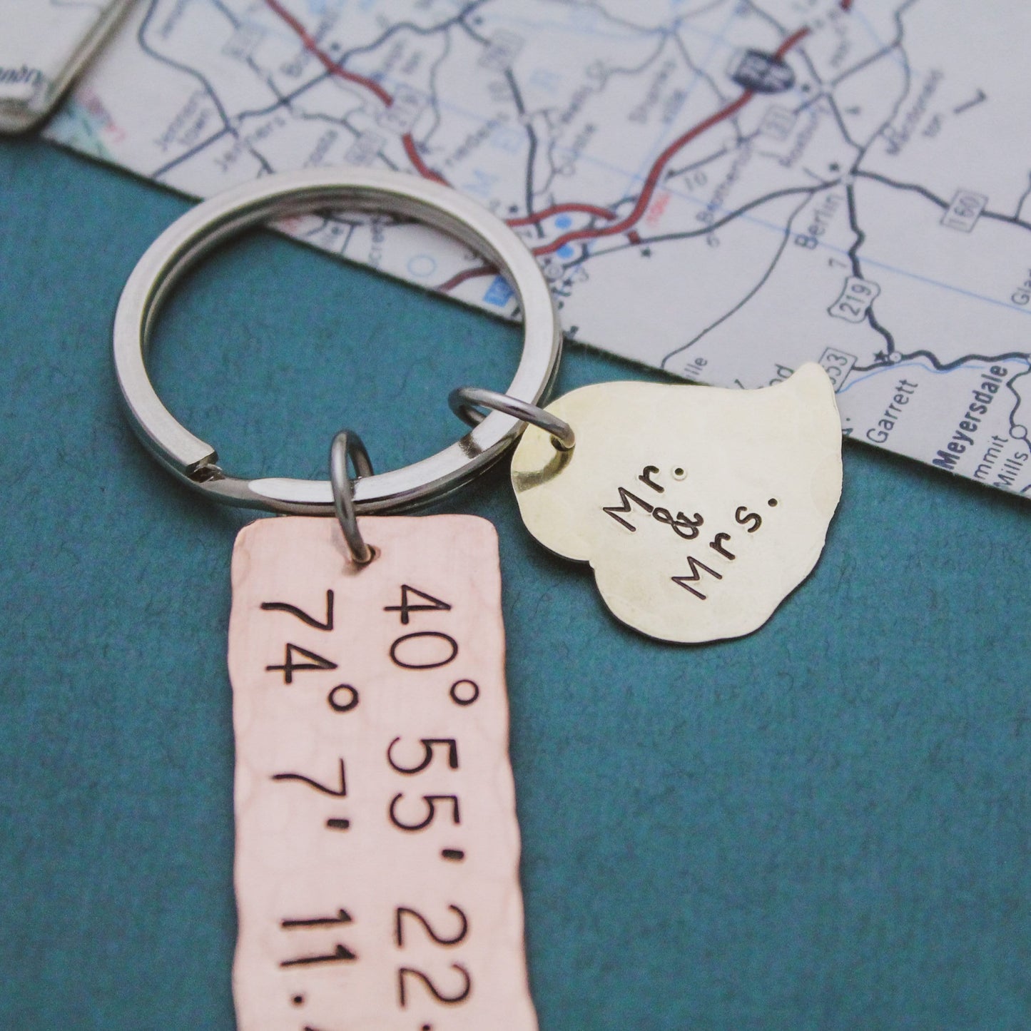 Latitude and Longitude Keychain, Coordinates Key Chain, Our First Kiss, Engagement, Anniversary, Hand Stamped Personalized Keychain