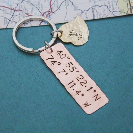 Latitude and Longitude Keychain, Coordinates Key Chain, Our First Kiss, Engagement, Anniversary, Hand Stamped Personalized Keychain