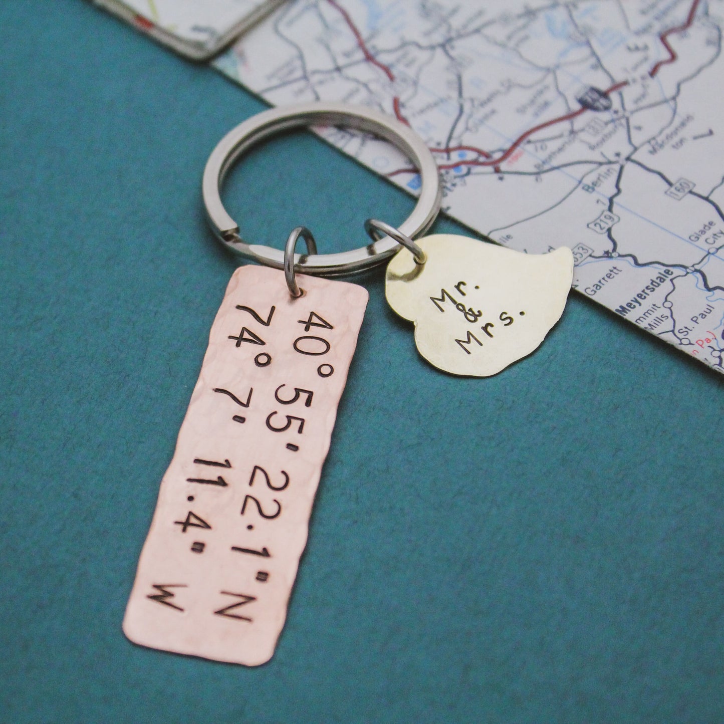 Latitude and Longitude Keychain, Coordinates Key Chain, Our First Kiss, Engagement, Anniversary, Hand Stamped Personalized Keychain