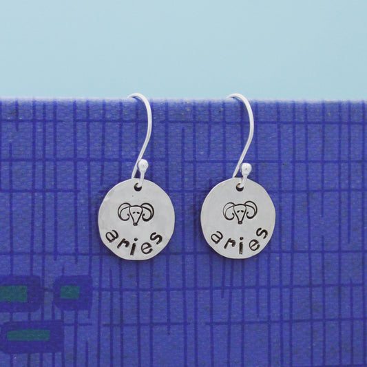 Aries Sterling Silver Earrings, Aries Zodiac Sign Jewelry, Hand Stamped Personalized Earrings, Aries Zodiac Jewelry Unique Gift for Her