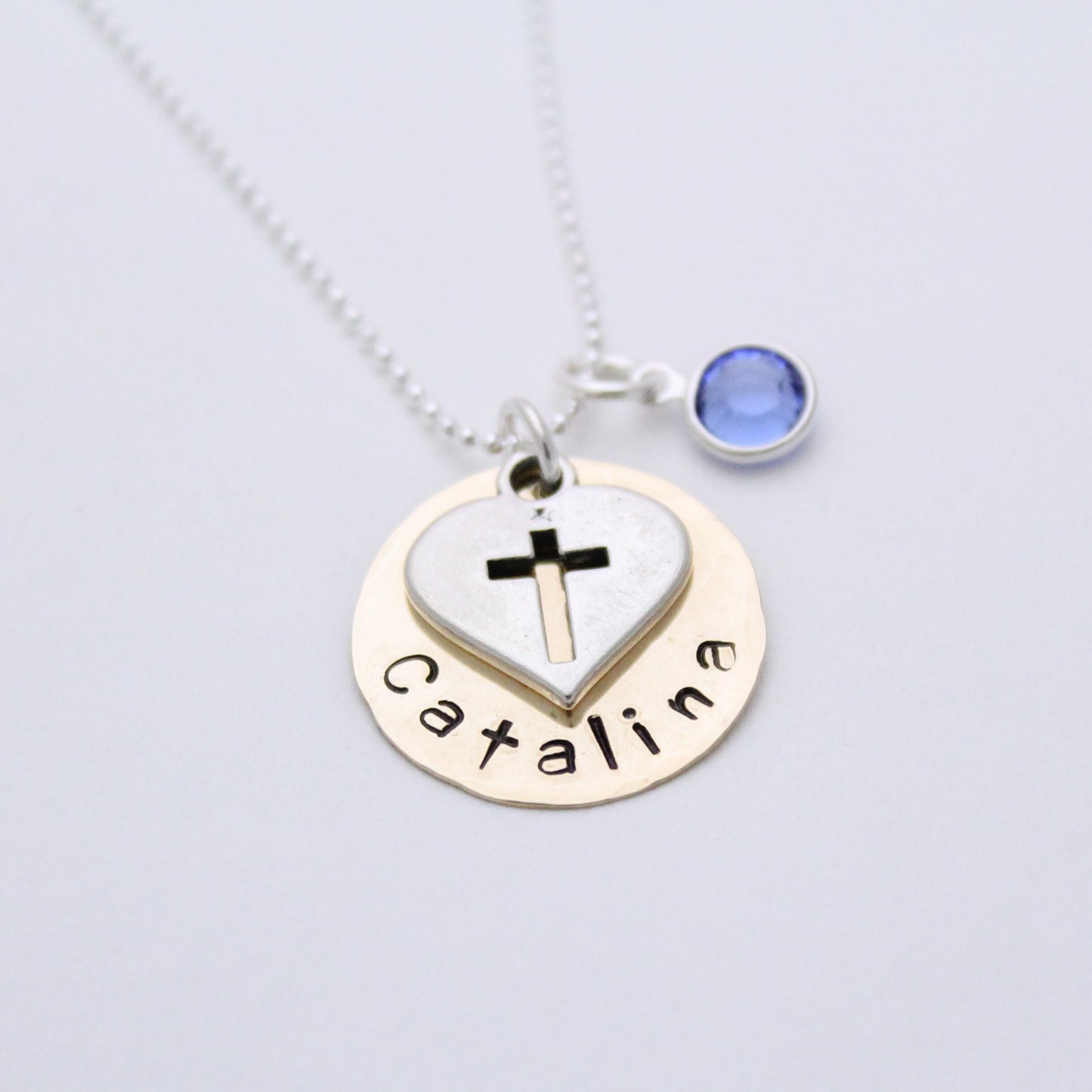 SALE First Communion Sterling Silver and Brass Necklace with Cross Charm Personalized Hand Stamped Jewelry