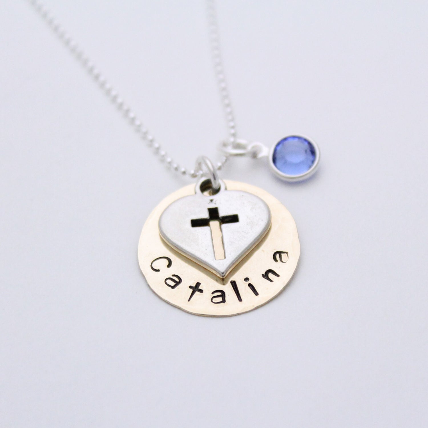 SALE First Communion Sterling Silver and Brass Necklace with Cross Charm Personalized Hand Stamped Jewelry