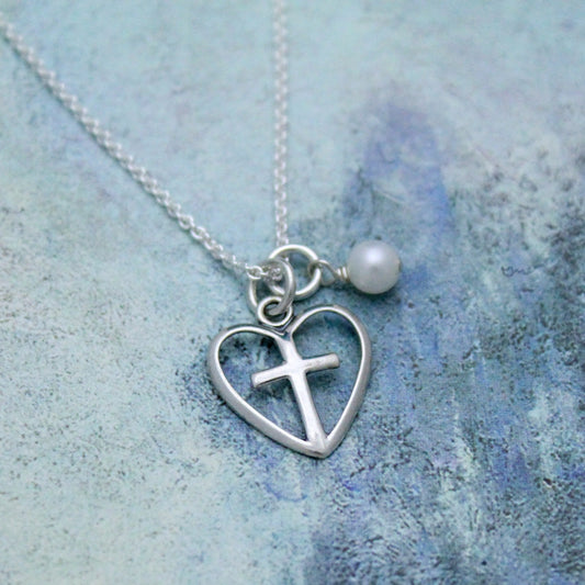 Heart Cross Necklace with Birthstone or Pearl - First Confirmation Gift - Holy Communion Jewelry - Girl's Cross Necklace - Gift for Baptism