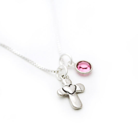 Cross Heart Necklace with Birthstone for Girls - Confirmation Gift - Holy Communion Jewelry - Sterling Silver Cross Necklace - Baptism Gift