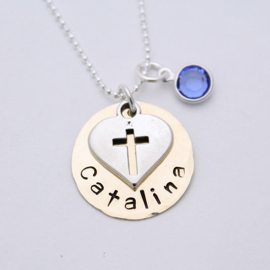 SALE First Communion Sterling Silver and Brass Necklace with Cross Charm Personalized Hand Stamped Jewelry