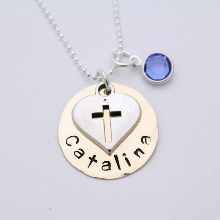SALE First Communion Sterling Silver and Brass Necklace with Cross Charm Personalized Hand Stamped Jewelry