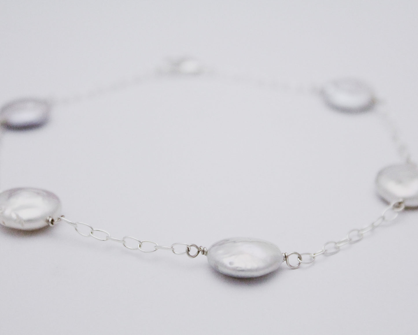 Delicate and Classic Sterling Silver Anklet with Freshwater White Coin Pearls