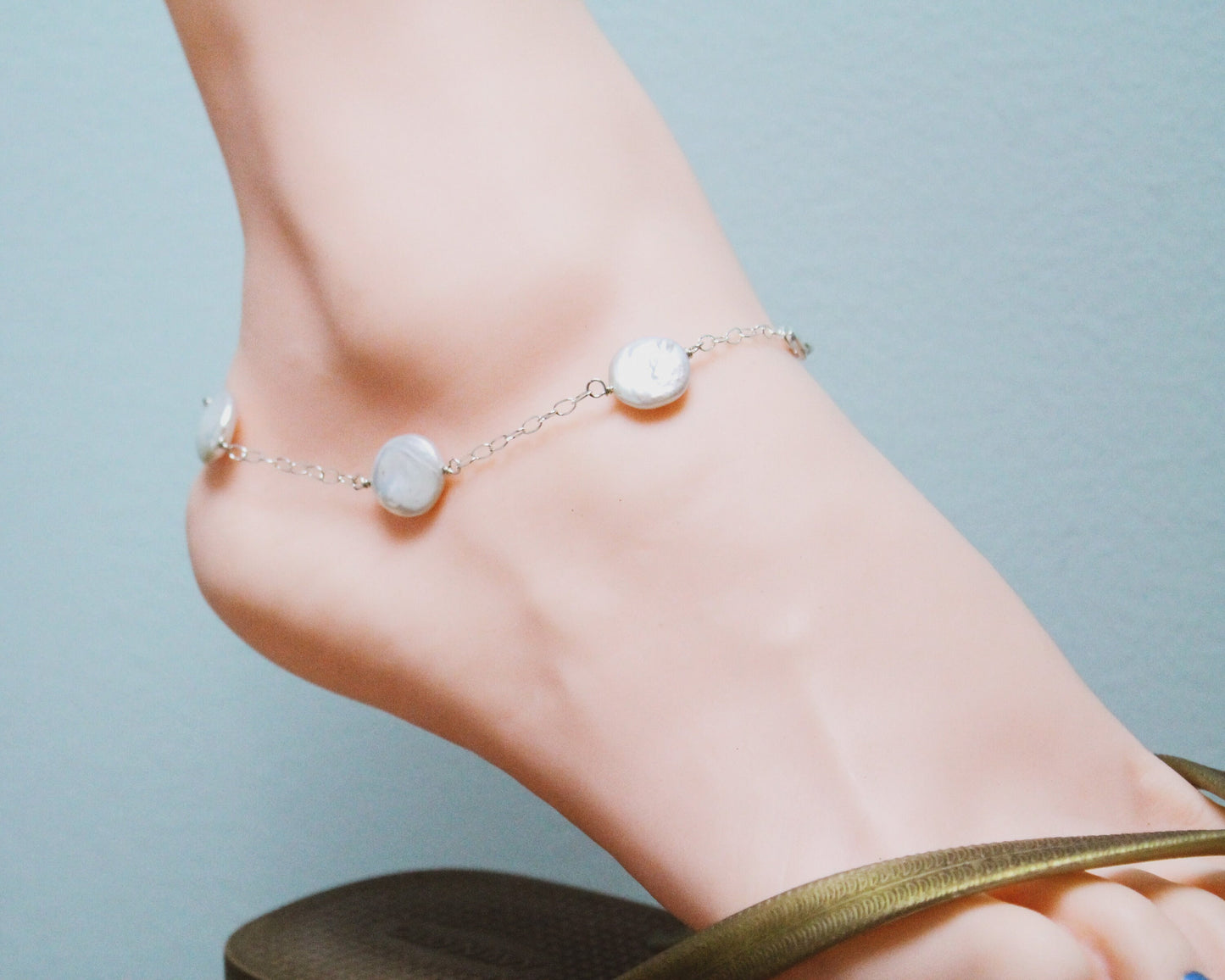 Delicate and Classic Sterling Silver Anklet with Freshwater White Coin Pearls