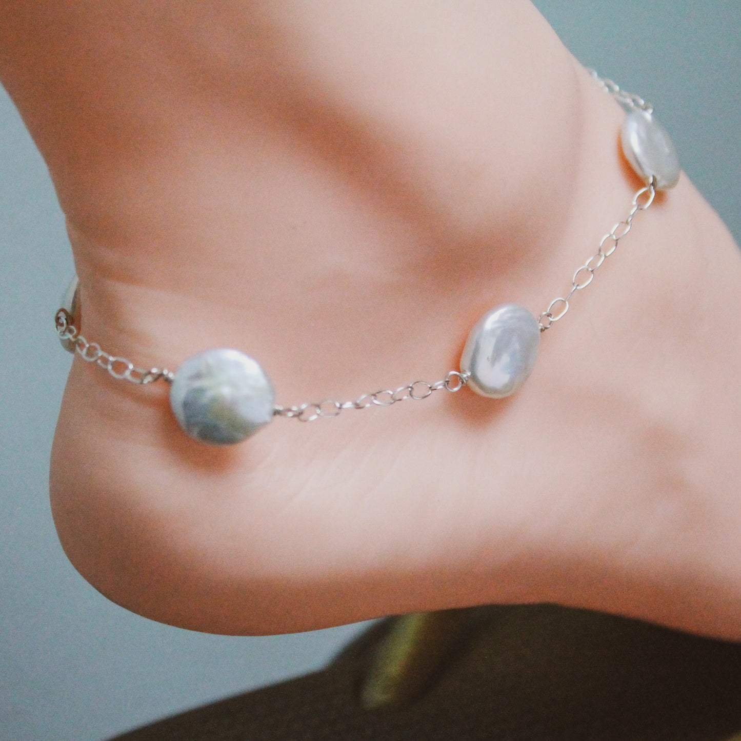 Delicate and Classic Sterling Silver Anklet with Freshwater White Coin Pearls