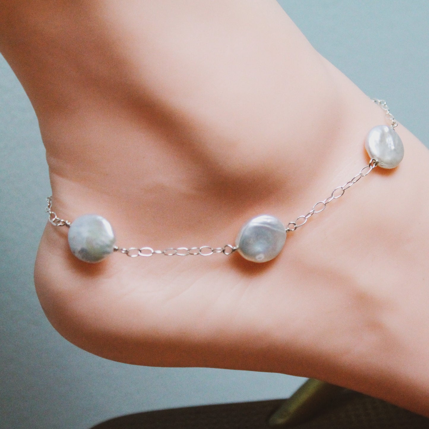 Delicate and Classic Sterling Silver Anklet with Freshwater White Coin Pearls