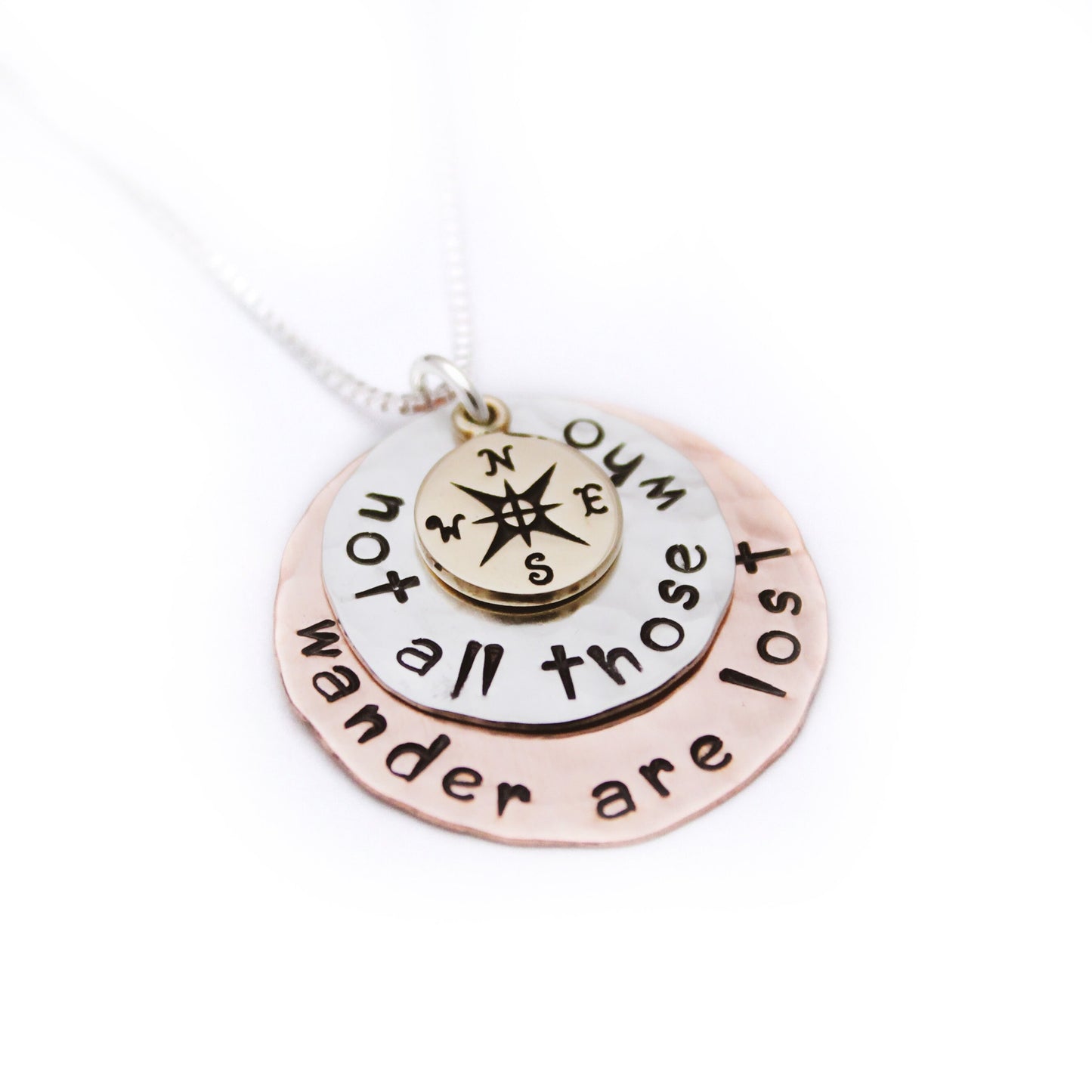 Sterling Silver Copper and Bronze Disc Necklace Not All Those Who Wander Are Lost Compass Hand Stamped Jewelry