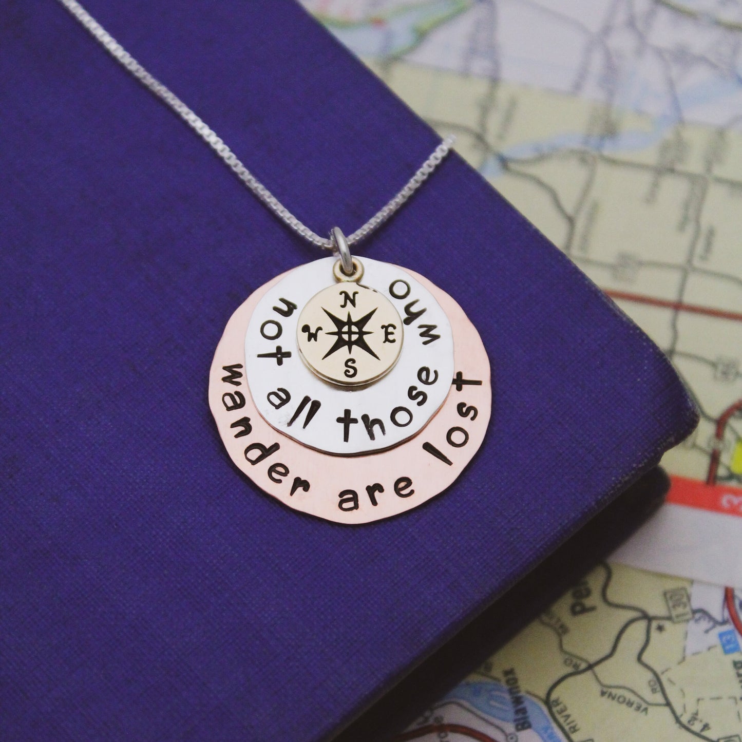 Sterling Silver Copper and Bronze Disc Necklace Not All Those Who Wander Are Lost Compass Hand Stamped Jewelry