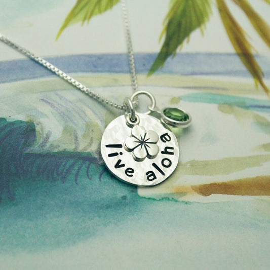 Live Aloha Necklace Aloha Hawaiian Plumeria Jewelry Personalized Hand Stamped Sterling Silver Necklace