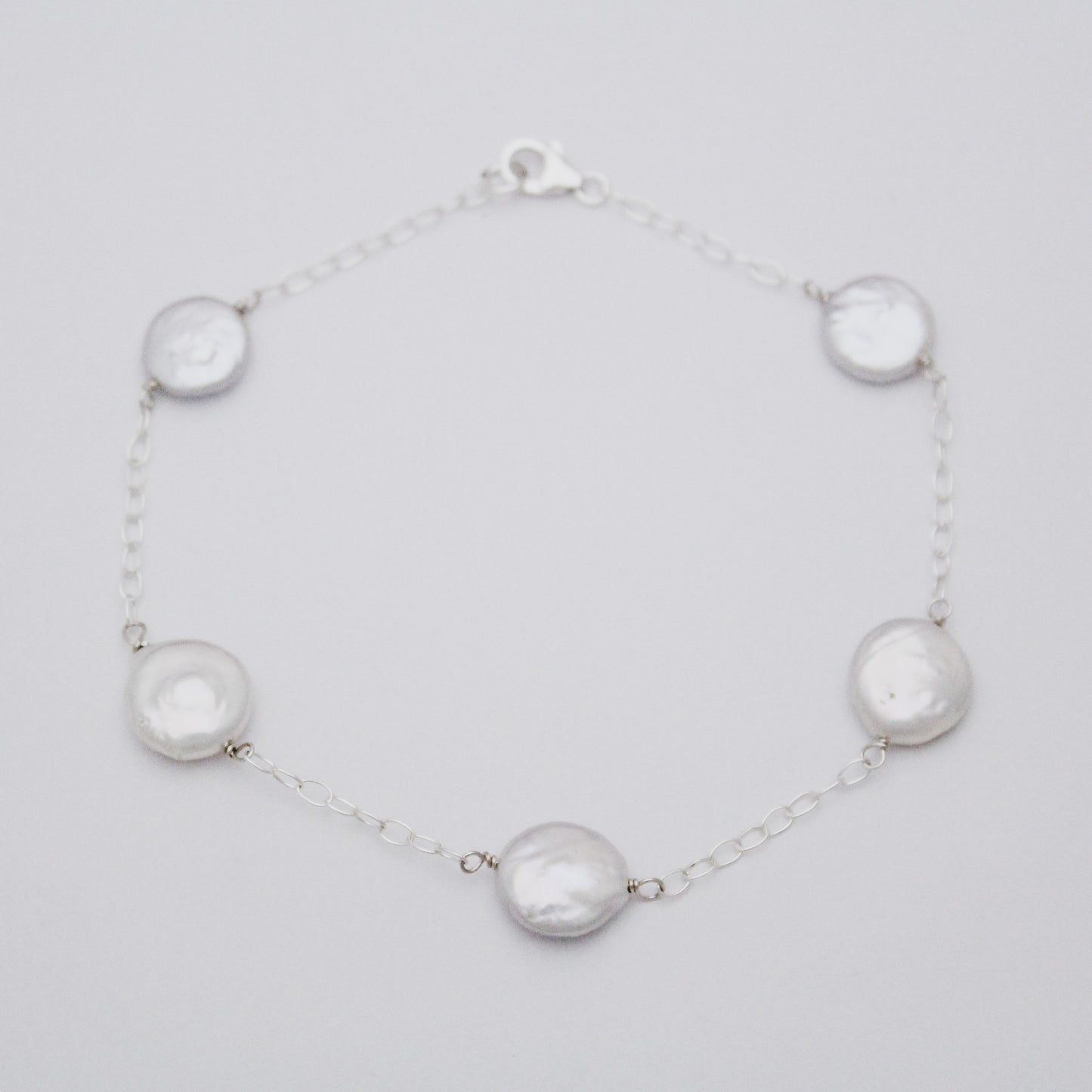 Delicate and Classic Sterling Silver Anklet with Freshwater White Coin Pearls