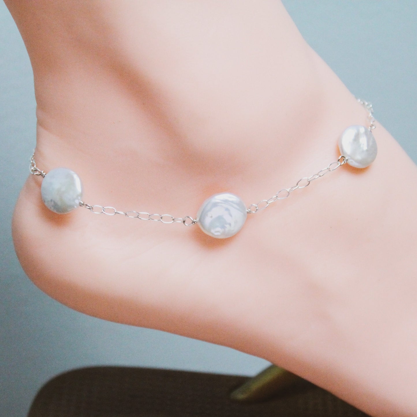 Delicate and Classic Sterling Silver Anklet with Freshwater White Coin Pearls