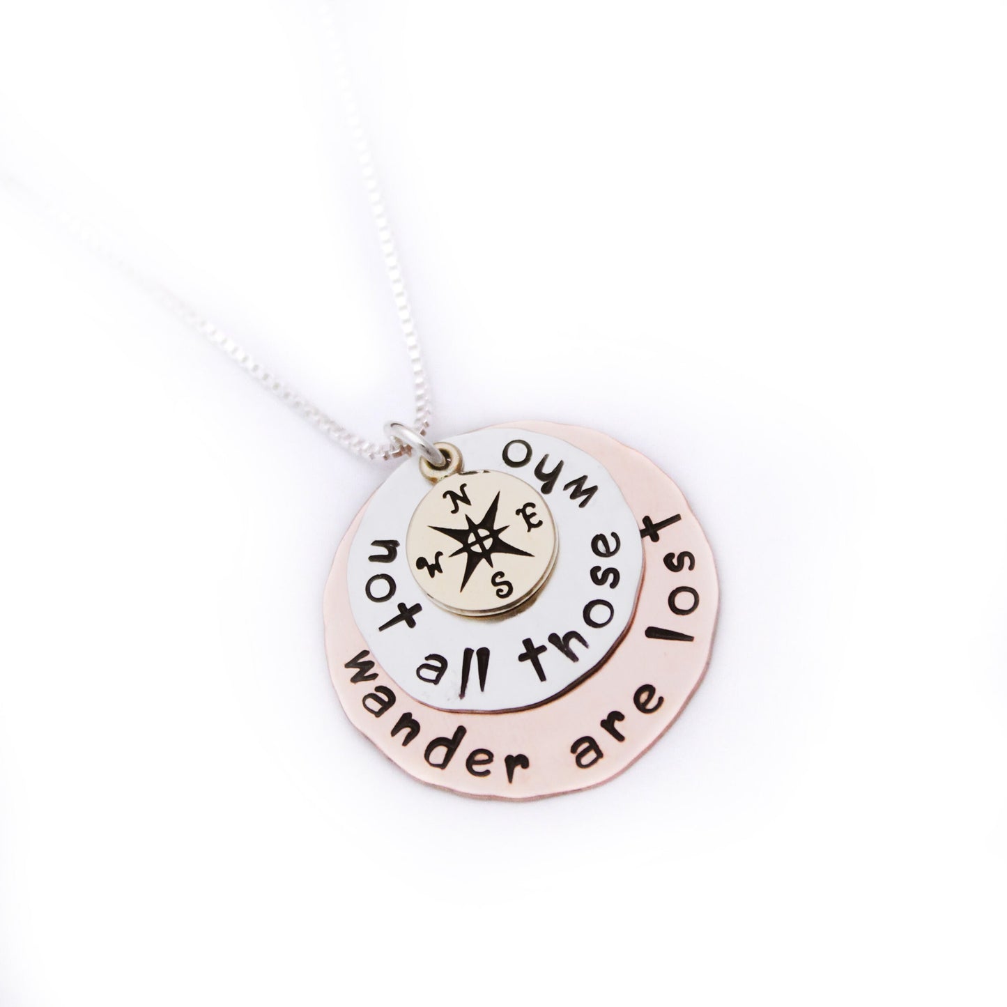 Sterling Silver Copper and Bronze Disc Necklace Not All Those Who Wander Are Lost Compass Hand Stamped Jewelry