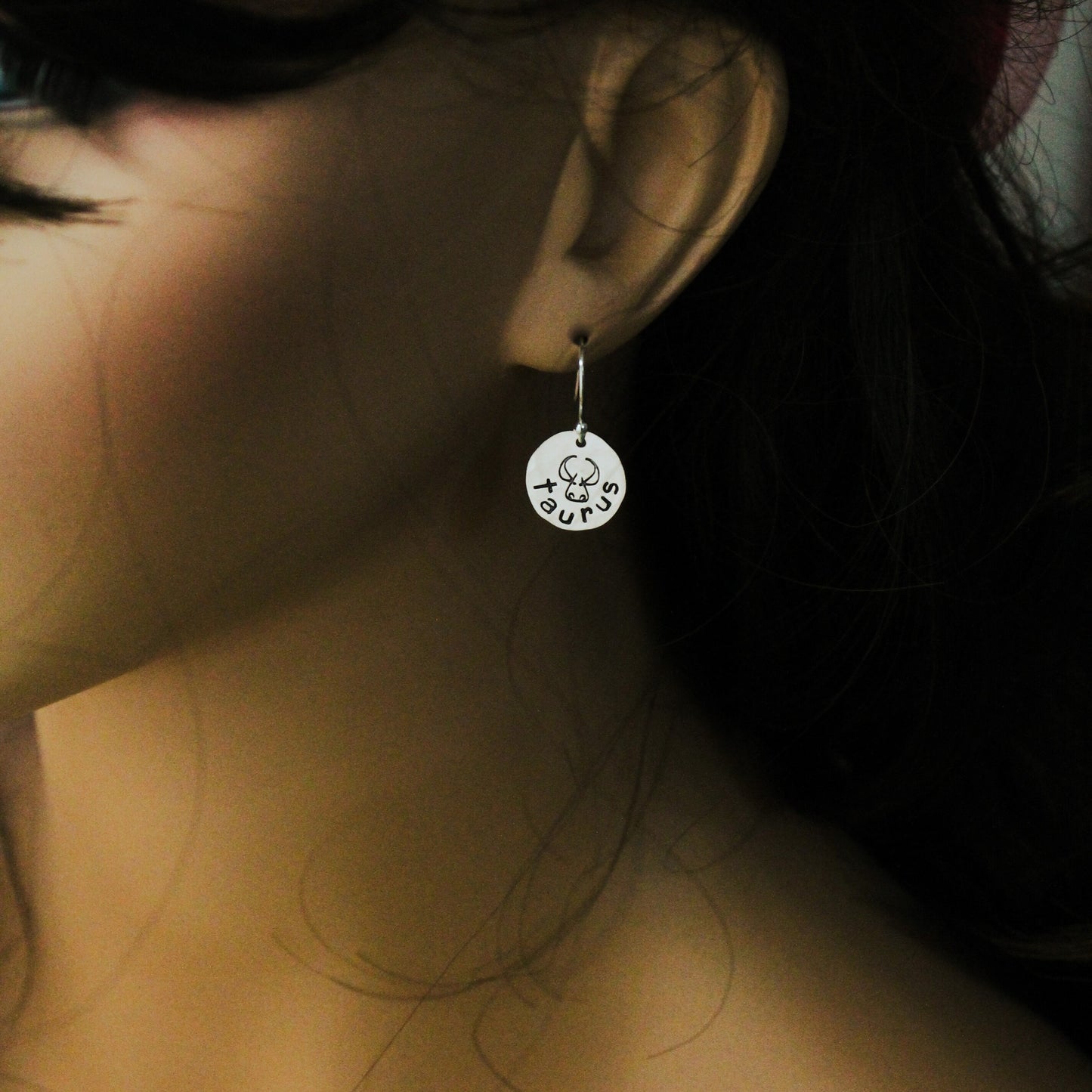 Taurus Sterling Silver Earrings, Taurus Zodiac Sign Jewelry, Hand Stamped Personalized Earrings, Taurus Zodiac Jewelry Unique Gift for Her