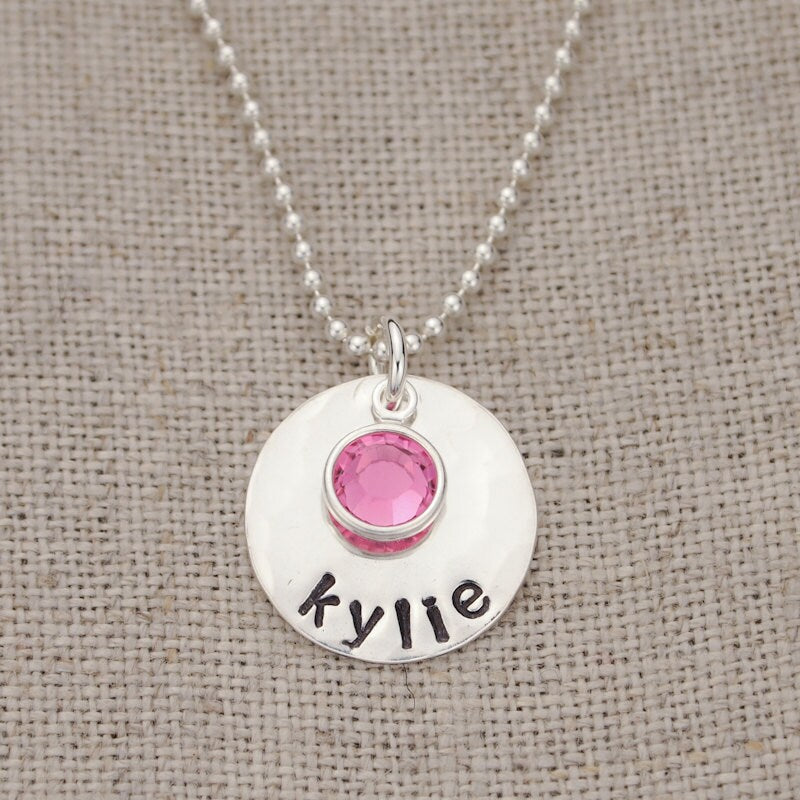 Hand Stamped 5/8 inch Sterling Silver Name Charm with Crystal Birthstone