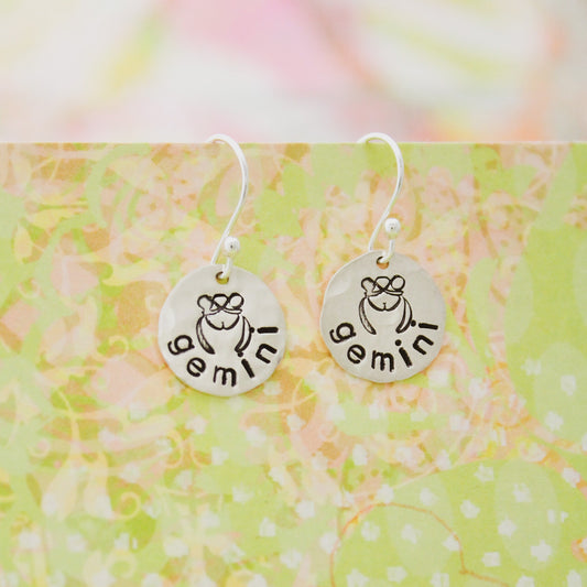 Gemini Sterling Silver Earrings, Gemini Zodiac Sign Jewelry, Hand Stamped Personalized Earrings, Gemini Zodiac Jewelry Unique Gift for Her