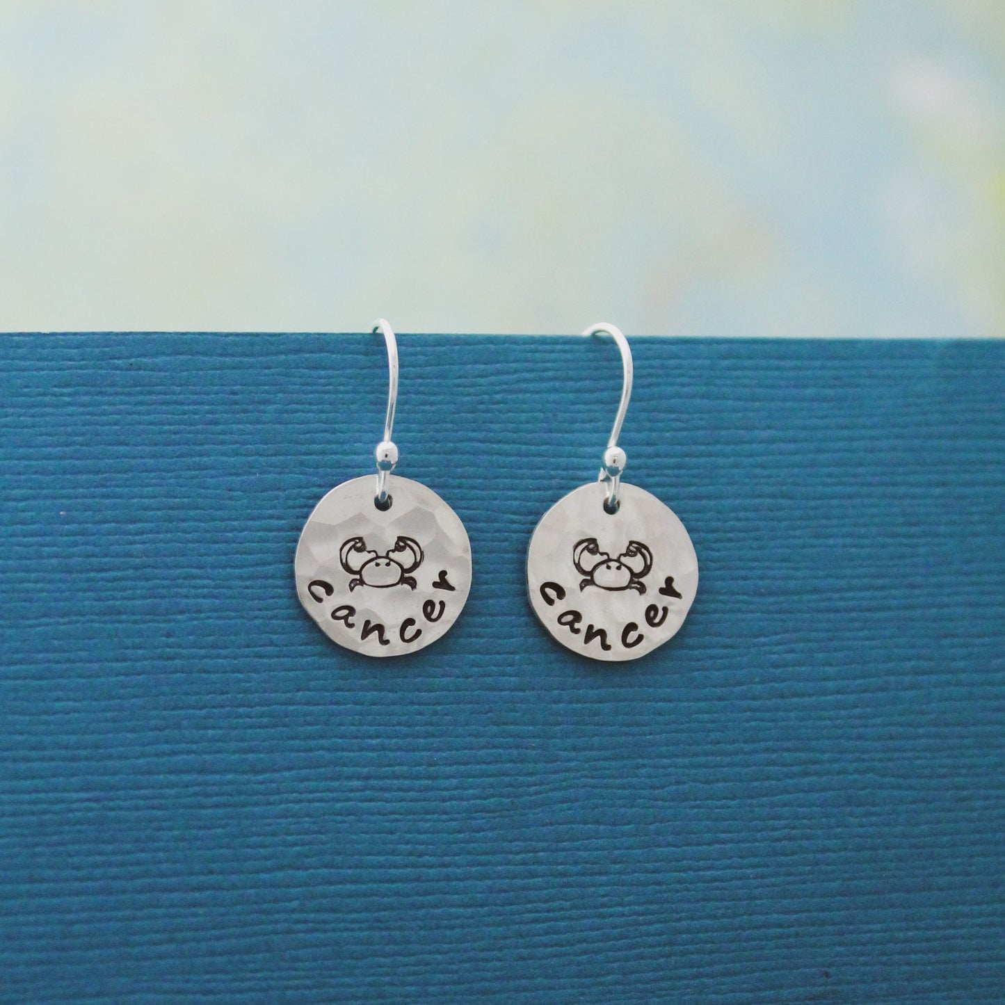 Cancer Crab Sterling Silver Earrings, Zodiac Sign Jewelry, Hand Stamped Personalized Earrings, Cancer Zodiac Jewelry Unique Gift for Her