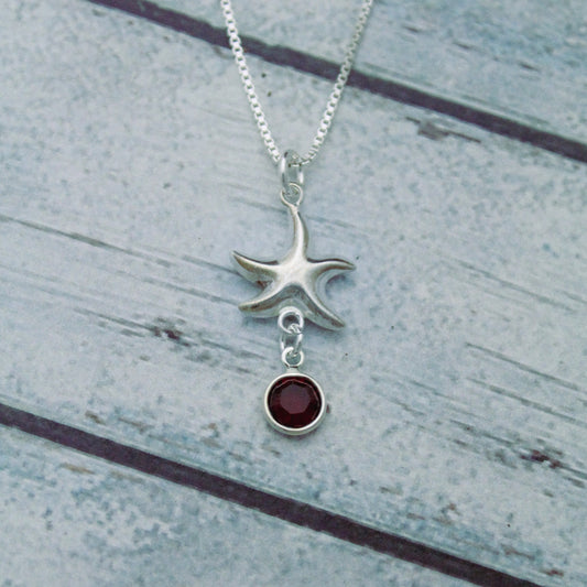 Sterling Silver Personalized Starfish Necklace with Birthstone, Pearl, Shell or Sea Glass Charms, Cute Beach Shore Jewelry, July Birthstone