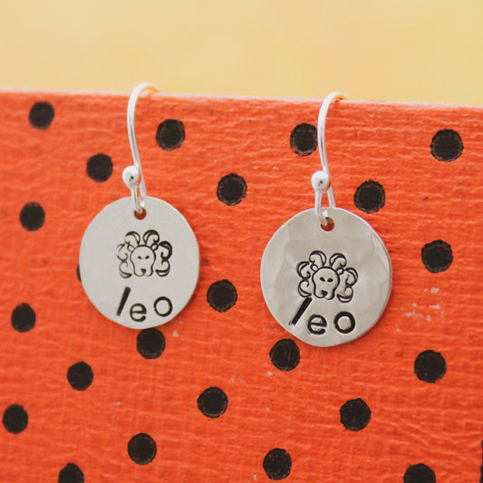 Leo Lion Sterling Silver Earrings, Zodiac Sign Jewelry, Hand Stamped Personalized Earrings, Leo Zodiac Jewelry Unique Birthday Gift for Her