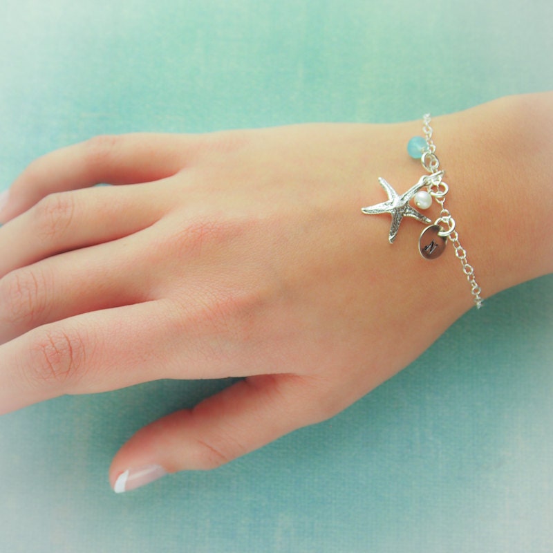 Sterling Silver Personalized Starfish Bracelet with Initial and Birthstone, Pearl, Shell or Sea Glass Charms