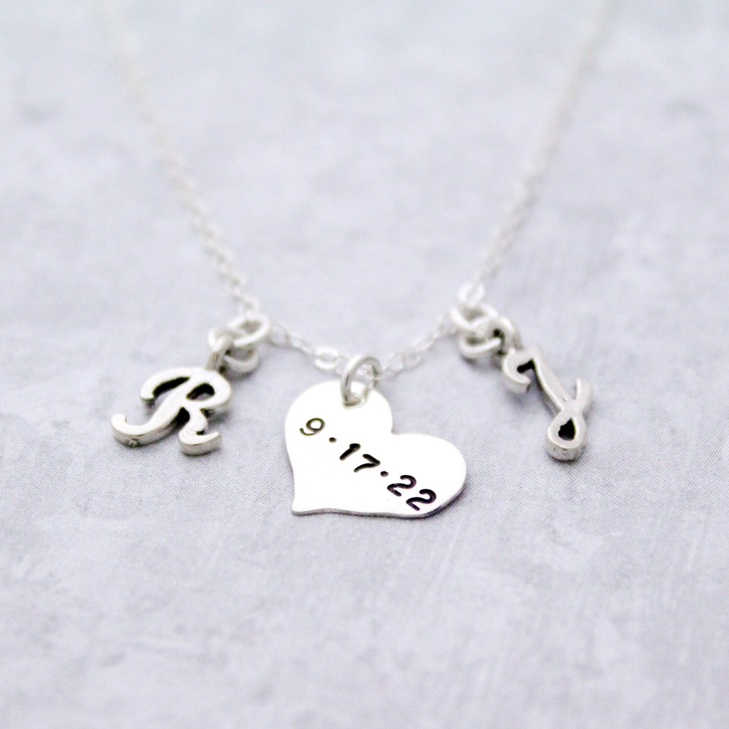 Tiny and Delicate Heart Date Tag and Script Initials Necklace, Valentine's Day Gift, Engagement Gift, Wedding Date Necklace, Gift for Her