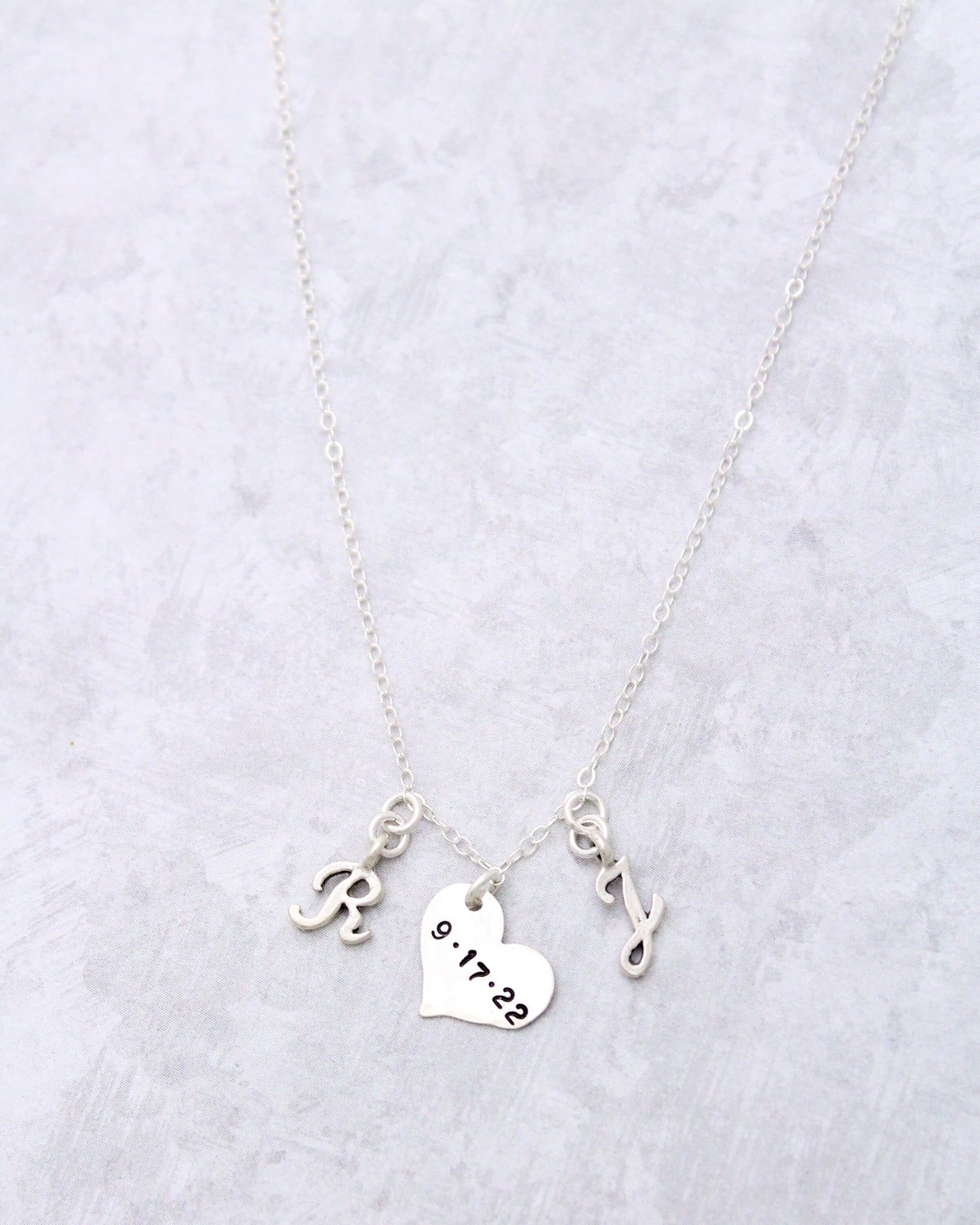 Tiny and Delicate Heart Date Tag and Script Initials Necklace, Valentine's Day Gift, Engagement Gift, Wedding Date Necklace, Gift for Her