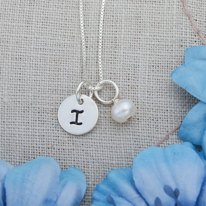 Sterling Silver Necklace with Tiny Initial and Birthstone Crystal Charm Bridesmaid Hand Stamped Jewelry