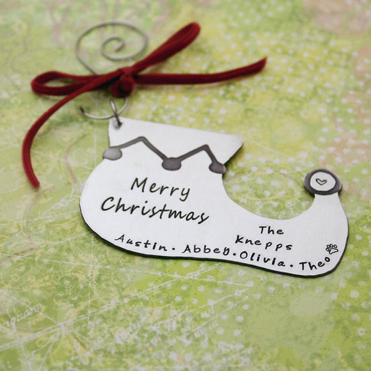 Elf Shoe Christmas Ornament, Personalized Family Christmas Ornament, Custom Ornament, Cute Elf Ornament, Gift Topper, Hand Stamped Ornament