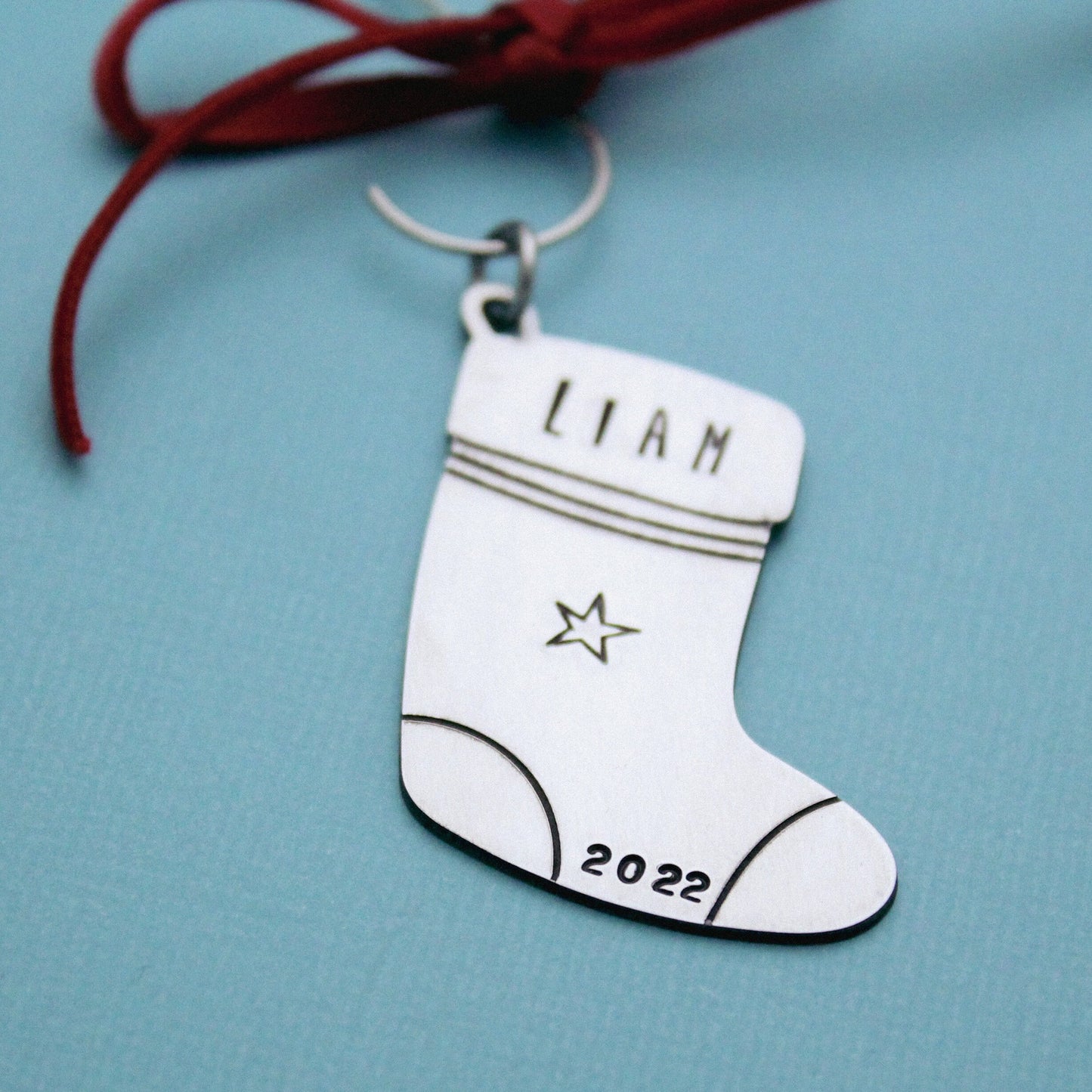 Personalized Christmas Stocking Hand Stamped Christmas Ornament in Pewter