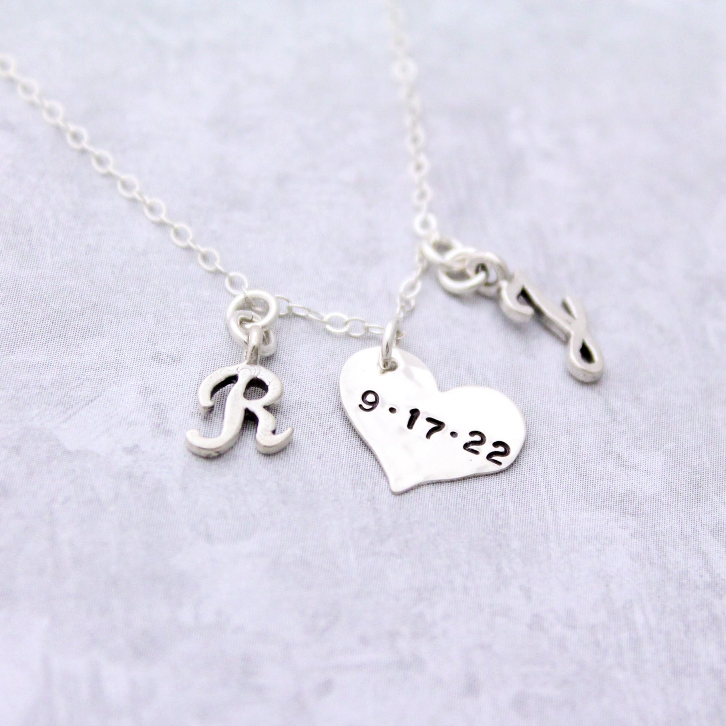 Tiny and Delicate Heart Date Tag and Script Initials Necklace, Valentine's Day Gift, Engagement Gift, Wedding Date Necklace, Gift for Her