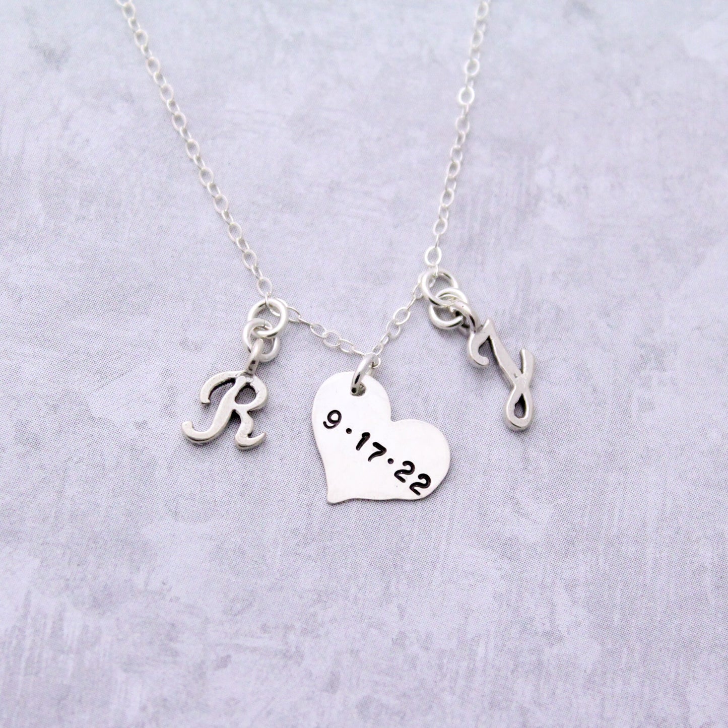 Tiny and Delicate Heart Date Tag and Script Initials Necklace, Valentine's Day Gift, Engagement Gift, Wedding Date Necklace, Gift for Her