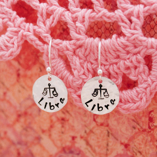 Libra Sterling Silver Earrings, Libra Zodiac Sign Jewelry, Hand Stamped Personalized Earrings, Libra Zodiac Jewelry Unique Gift for Her